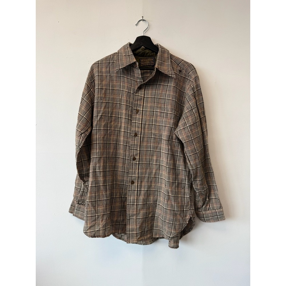 Vintage Sir Pendleton Shirt Mens Large Brown Plaid Wool Lined USA 70s Distressed